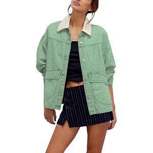 Women's Oversized Denim Jacket with Contrast Trim Long Sleeve Button Down Green